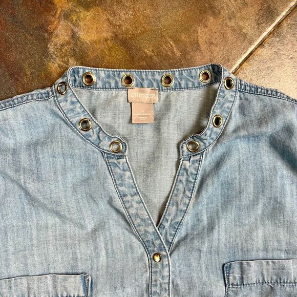 Chico's Blue Denim-Style Long Sleeve Tunic Grommet Collar 4 20/22 - Picture 9 of 12